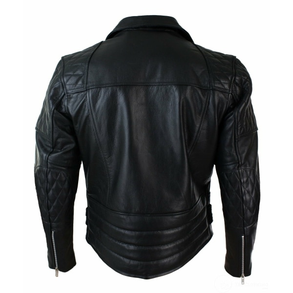 Real Leather Cross Zip Cow Hide Padded Mens Biker Jacket White Black Brando Vintage-Black