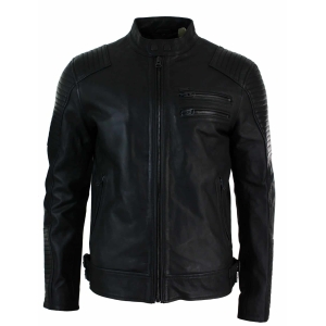 Real Leather Slim Fit Washed Black Zip Mens Biker Jacket Short Casual