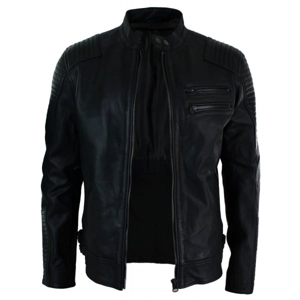 Real Leather Slim Fit Washed Black Zip Mens Biker Jacket Short Casual