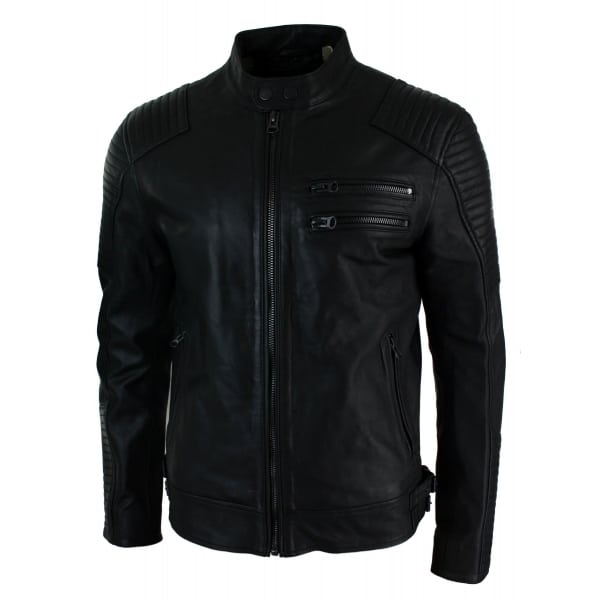 Real Leather Slim Fit Washed Black Zip Mens Biker Jacket Short Casual