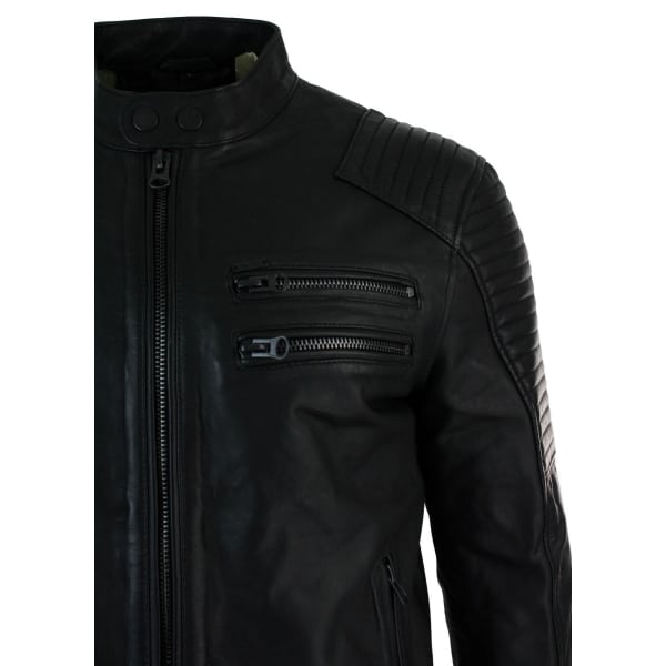 Real Leather Slim Fit Washed Black Zip Mens Biker Jacket Short Casual