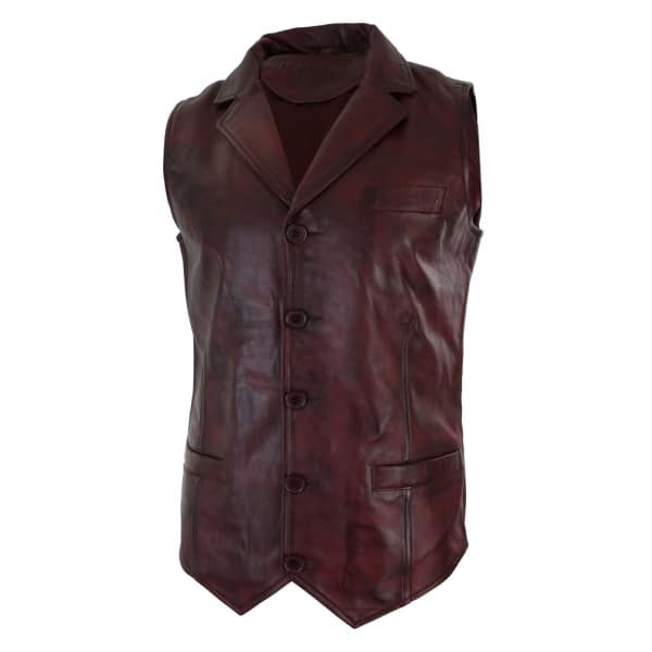 Mens Real Leather Tan Brown Black Smart Casual Gilet Waistcoat Vintage Retro-Burgundy