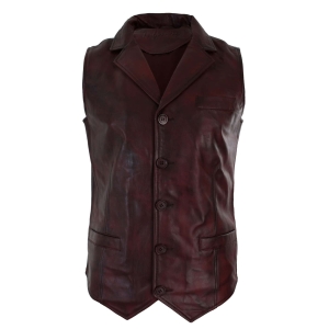 Mens Real Leather Tan Brown Black Smart Casual Gilet Waistcoat Vintage Retro-Burgundy