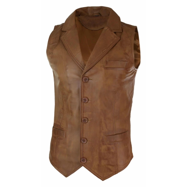 Mens Real Leather Tan Brown Black Smart Casual Gilet Waistcoat Vintage Retro-Tan