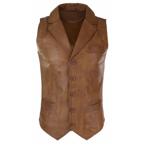 Mens Real Leather Tan Brown Black Smart Casual Gilet Waistcoat Vintage Retro-Tan