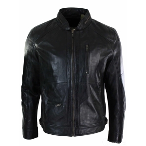 Real Leather Zipped Biker Style Smart Casual Men’s Jacket Black Brown Olive Urban-Black