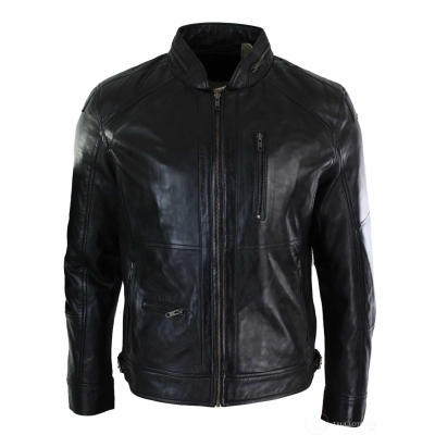 Real Leather Zipped Biker Style Smart Casual Men's Jacket Black Brown Olive Urban-Black