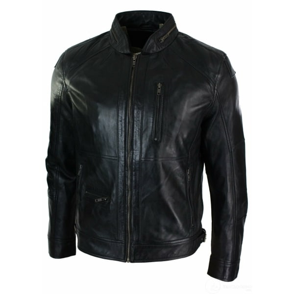 Real Leather Zipped Biker Style Smart Casual Men's Jacket Black Brown Olive Urban-Black