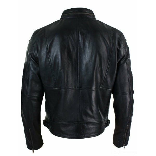 Real Leather Zipped Biker Style Smart Casual Men's Jacket Black Brown Olive Urban-Black