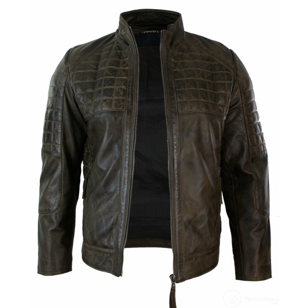 Real Leather Tailored Fit Stitch Designer Mens Zipped Biker Jacket-Brown