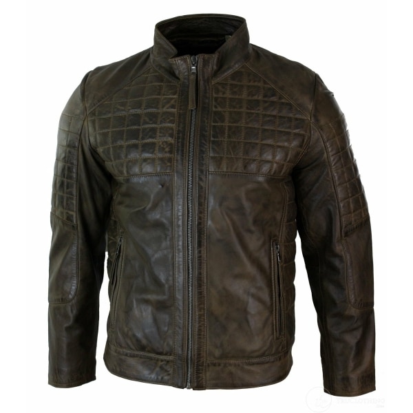 Real Leather Tailored Fit Stitch Designer Mens Zipped Biker Jacket-Brown