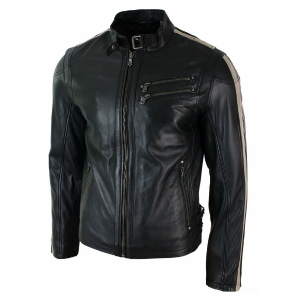 Real Leather Slim Fit Short Mens Biker Racing Jacket Stripes Sleeves Zipped