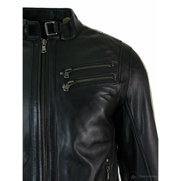 Real Leather Slim Fit Short Mens Biker Racing Jacket Stripes Sleeves Zipped