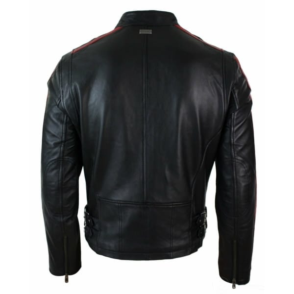 Real Leather Slim Fit Short Mens Biker Racing Jacket Stripes Sleeves Zipped