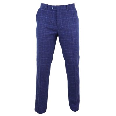 Mens Blue Tweed Check Trousers - Cavani Kaiser