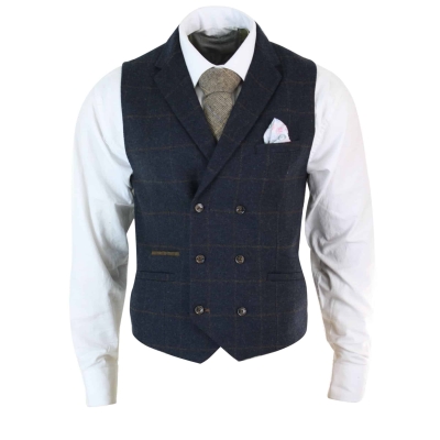 Mens Double Breasted Herringbone Tweed Peaky Blinders Vintage Check Waistcoat Navy Blue