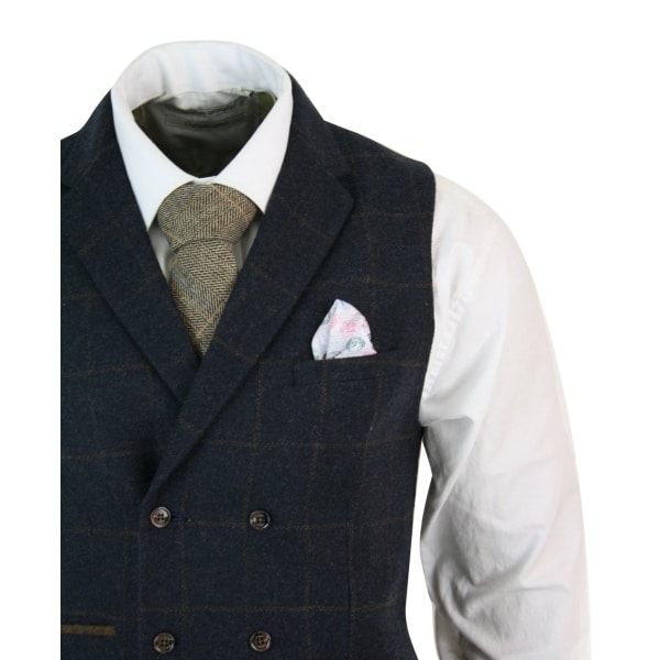 Mens Double Breasted Herringbone Tweed Peaky Blinders Vintage Check Waistcoat Navy Blue