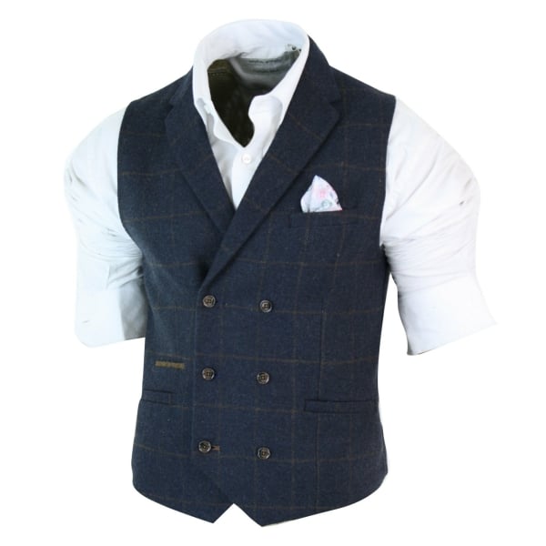 Mens Double Breasted Herringbone Tweed Peaky Blinders Vintage Check Waistcoat Navy Blue