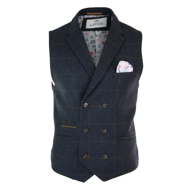 Mens Double Breasted Herringbone Tweed Peaky Blinders Vintage Check Waistcoat Navy Blue