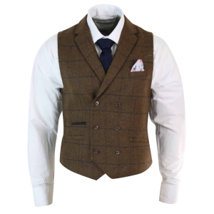 Mens Double Breasted Herringbone Tweed Peaky Blinders Vintage Check Waistcoat Tan Brown