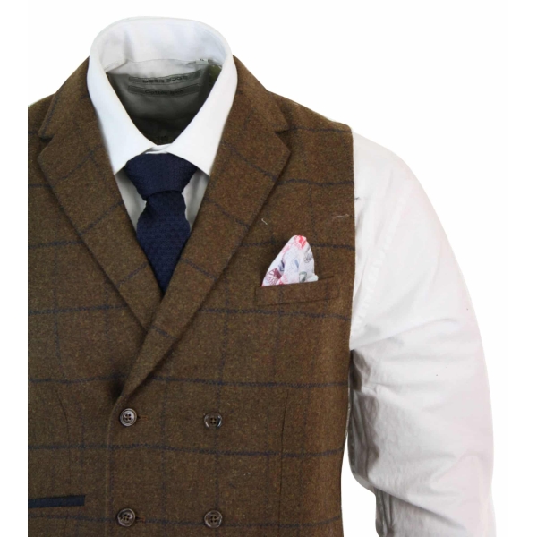 Mens Double Breasted Herringbone Tweed Peaky Blinders Vintage Check Waistcoat Tan Brown