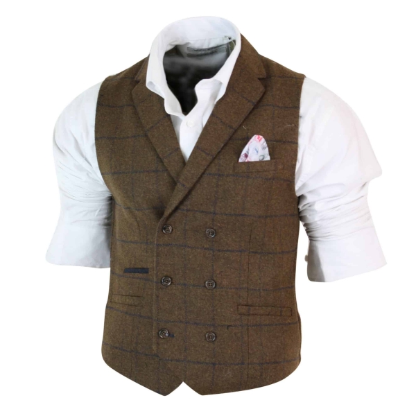 Mens Double Breasted Herringbone Tweed Peaky Blinders Vintage Check Waistcoat Tan Brown