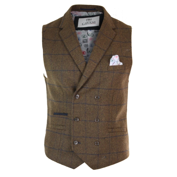 Mens Double Breasted Herringbone Tweed Peaky Blinders Vintage Check Waistcoat Tan Brown