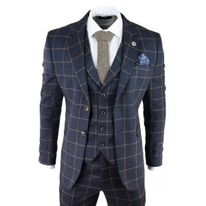 Mens Herringbone Tweed Check 3 Piece Wool Suit Peaky Blinders – Navy Blue