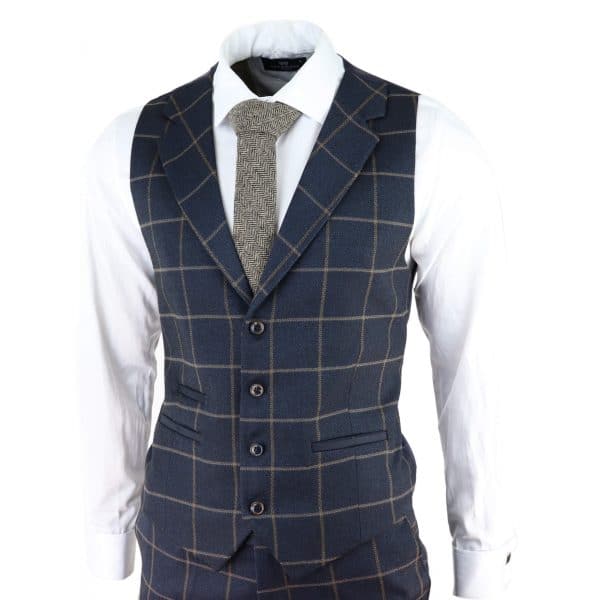 Mens Herringbone Tweed Check 3 Piece Wool Suit Peaky Blinders - Navy Blue