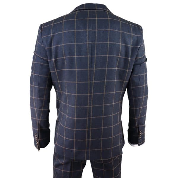 Mens Herringbone Tweed Check 3 Piece Wool Suit Peaky Blinders - Navy Blue