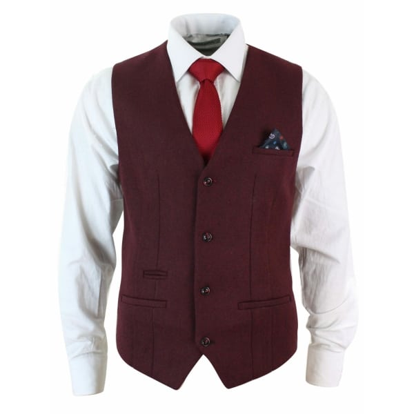 Marc Darcy Len Mati - Mens Slim Fit Burgundy Maroon Black Herringbone Tweed Vintage Retro Waistcoat