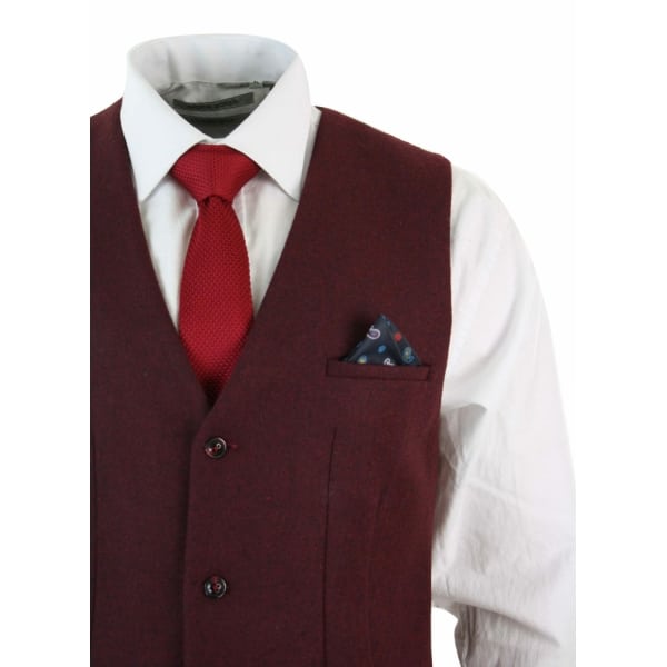 Marc Darcy Len Mati - Mens Slim Fit Burgundy Maroon Black Herringbone Tweed Vintage Retro Waistcoat