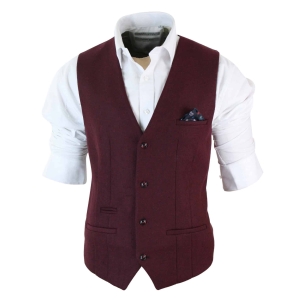 Marc Darcy Len Mati – Mens Slim Fit Burgundy Maroon Black Herringbone Tweed Vintage Retro Waistcoat