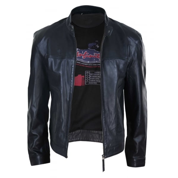 Real Leather Classic Mens Biker Style Jacket - Black