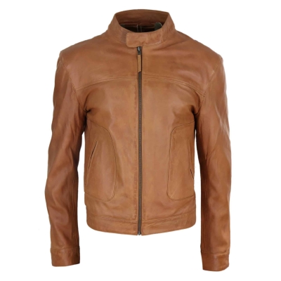 Real Leather Classic Biker Style Mens Jacket - Tan