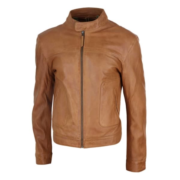 Real Leather Classic Biker Style Mens Jacket - Tan