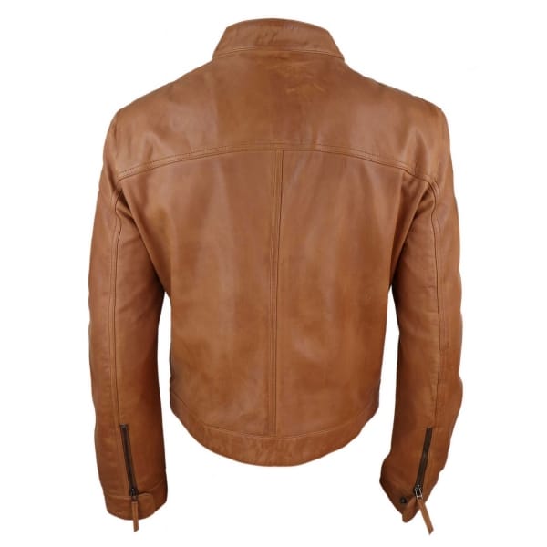 Real Leather Classic Biker Style Mens Jacket - Tan