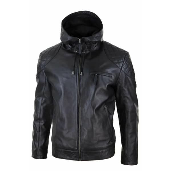 Mens Hooded Biker Leather Jacket - Black