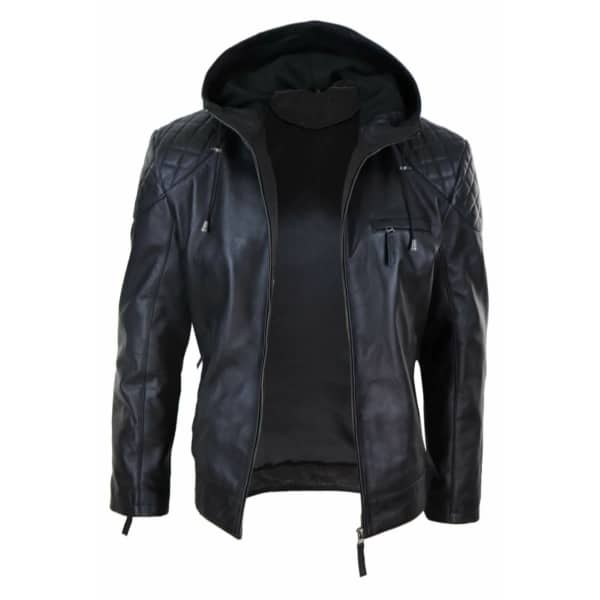 Mens Hooded Biker Leather Jacket - Black