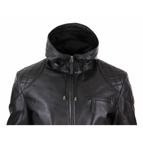 Mens Hooded Biker Leather Jacket - Black