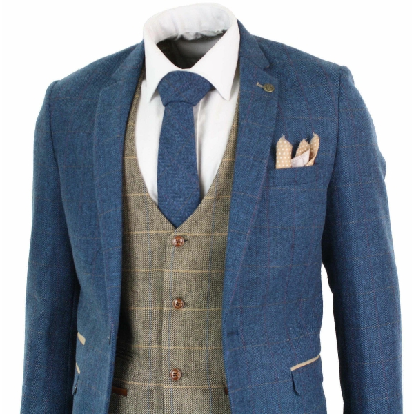 Marc Darcy Dion - Mens Blue Tan Brown 3 Piece Herringbone Tweed Check Vintage Tailored Fit Suit