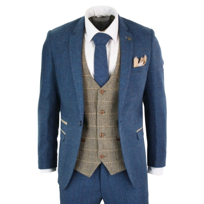 Marc Darcy Dion - Mens Blue Tan Brown 3 Piece Herringbone Tweed Check Vintage Tailored Fit Suit