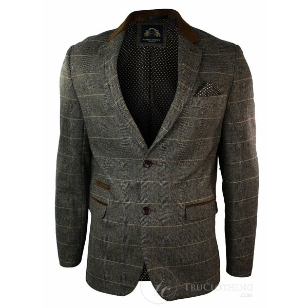 Mens Check Vintage Herringbone Tweed Grey Charcoal Blazer Jacket Fitted-Tan