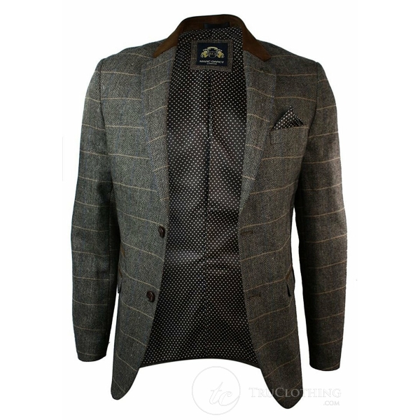 Mens Check Vintage Herringbone Tweed Grey Charcoal Blazer Jacket Fitted-Tan