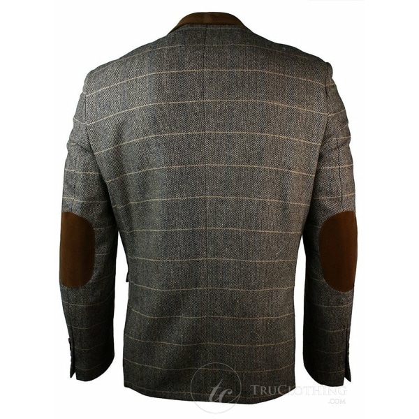 Mens Check Vintage Herringbone Tweed Grey Charcoal Blazer Jacket Fitted-Tan