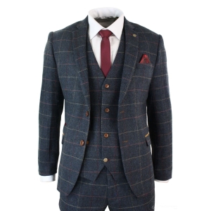 Mens Navy Blue Wine Check Herringbone Tweed Vintage 3 Piece New Marc Darcy Suit