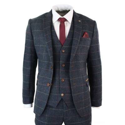 Mens Navy Blue Wine Check Herringbone Tweed Vintage 3 Piece New Marc Darcy Suit