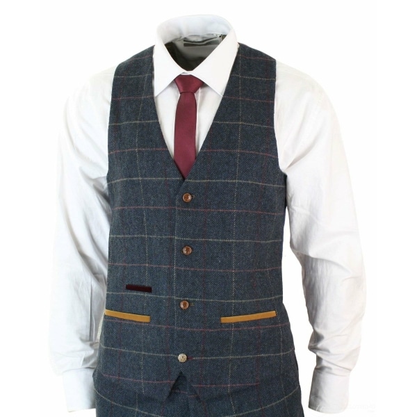 Mens Navy Blue Wine Check Herringbone Tweed Vintage 3 Piece New Marc Darcy Suit