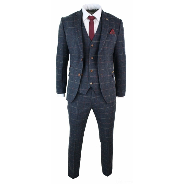 Mens Navy Blue Wine Check Herringbone Tweed Vintage 3 Piece New Marc Darcy Suit