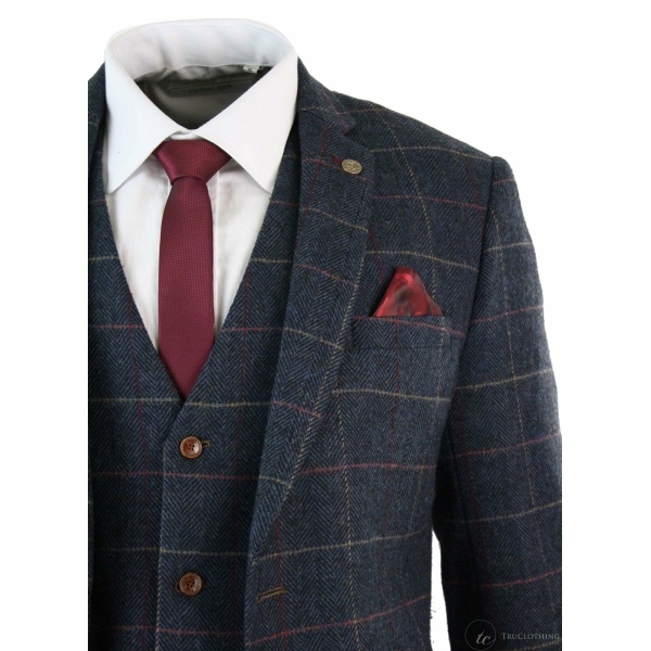 Mens Navy Blue Wine Check Herringbone Tweed Vintage 3 Piece New Marc Darcy Suit